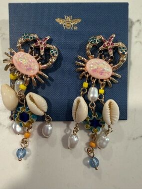 Whimsical Seashell Drop Earrings with Pink Opal Cabochons